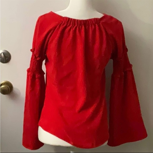 Amaryllis Apparel ruffled blouse Long Bell Sleeves solid Red Size Small - Picture 4 of 15
